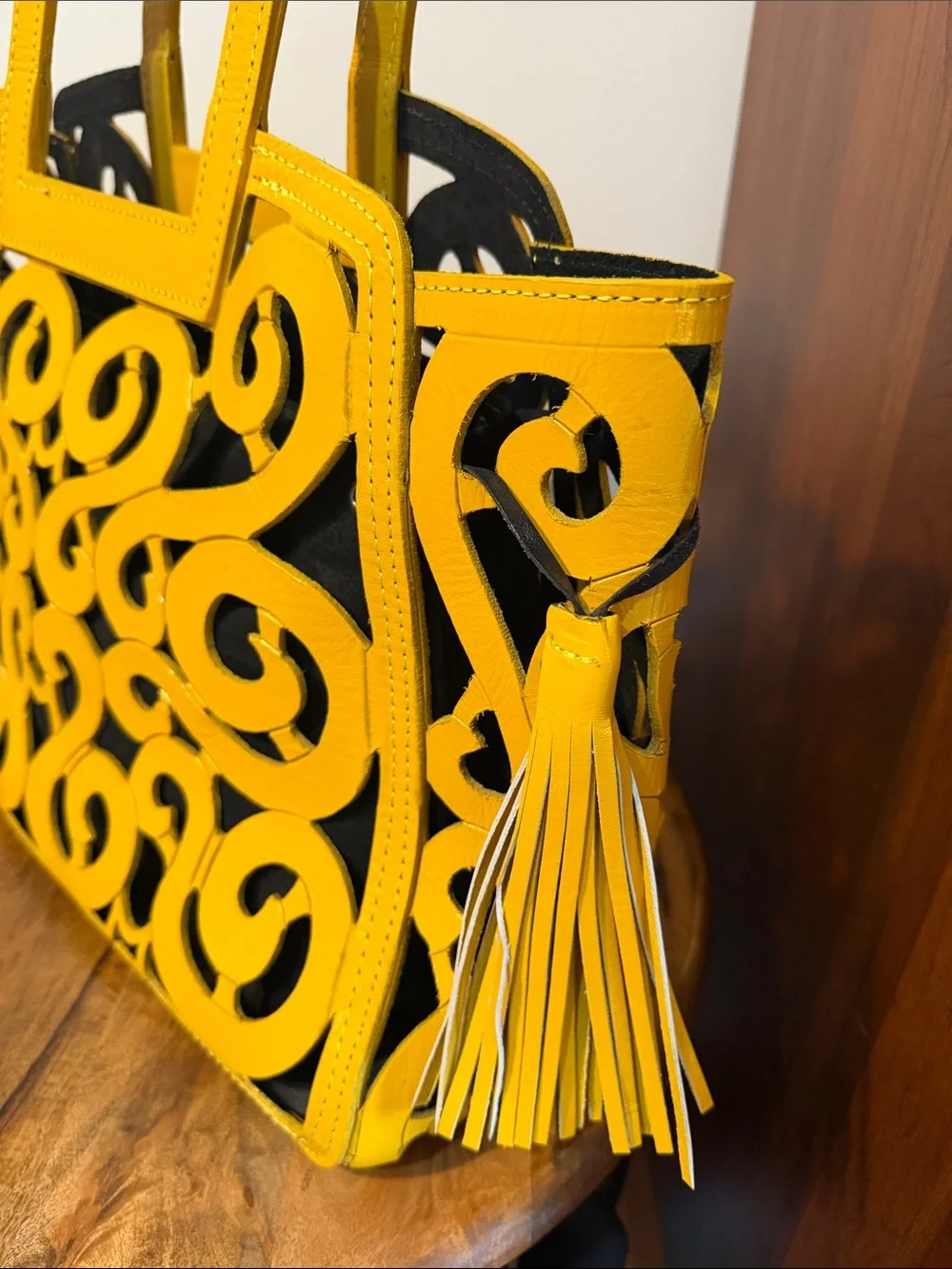 Maya Leather Filigree Tote in Mustard
